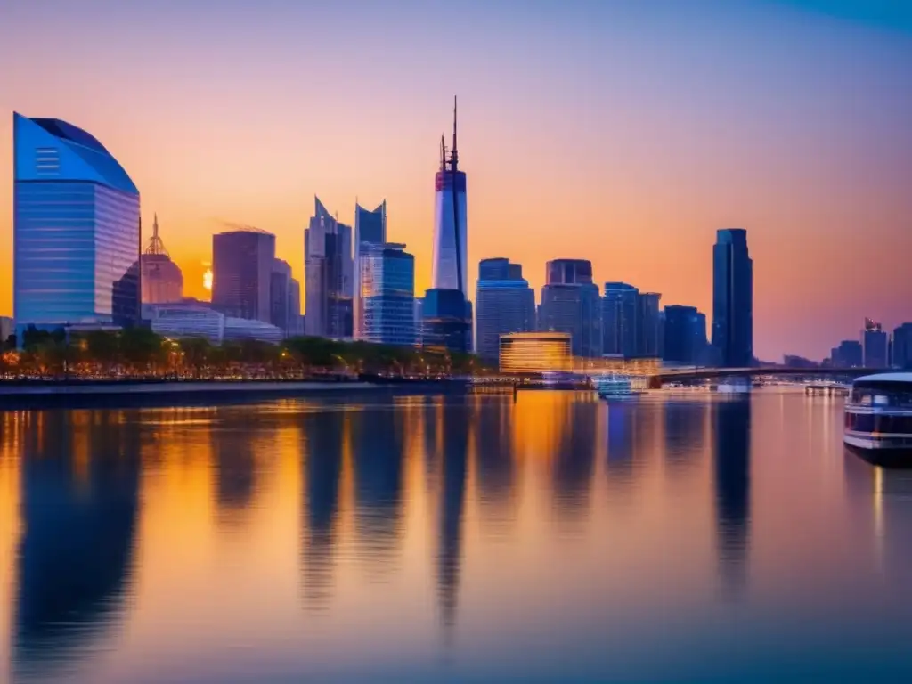Arquitectura moderna y atardecer vibrante en la ciudad- La ciudad moderna se alza majestuosa sobre el río al atardecer, con sus rascacielos reflejando la luz dorada
