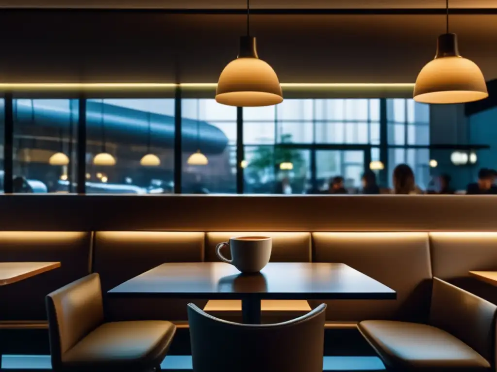 Soledad en café moderno: imagen 8k de cliente solitario y desolación Un cliente solitario en un café vacío, mirando su café intocado