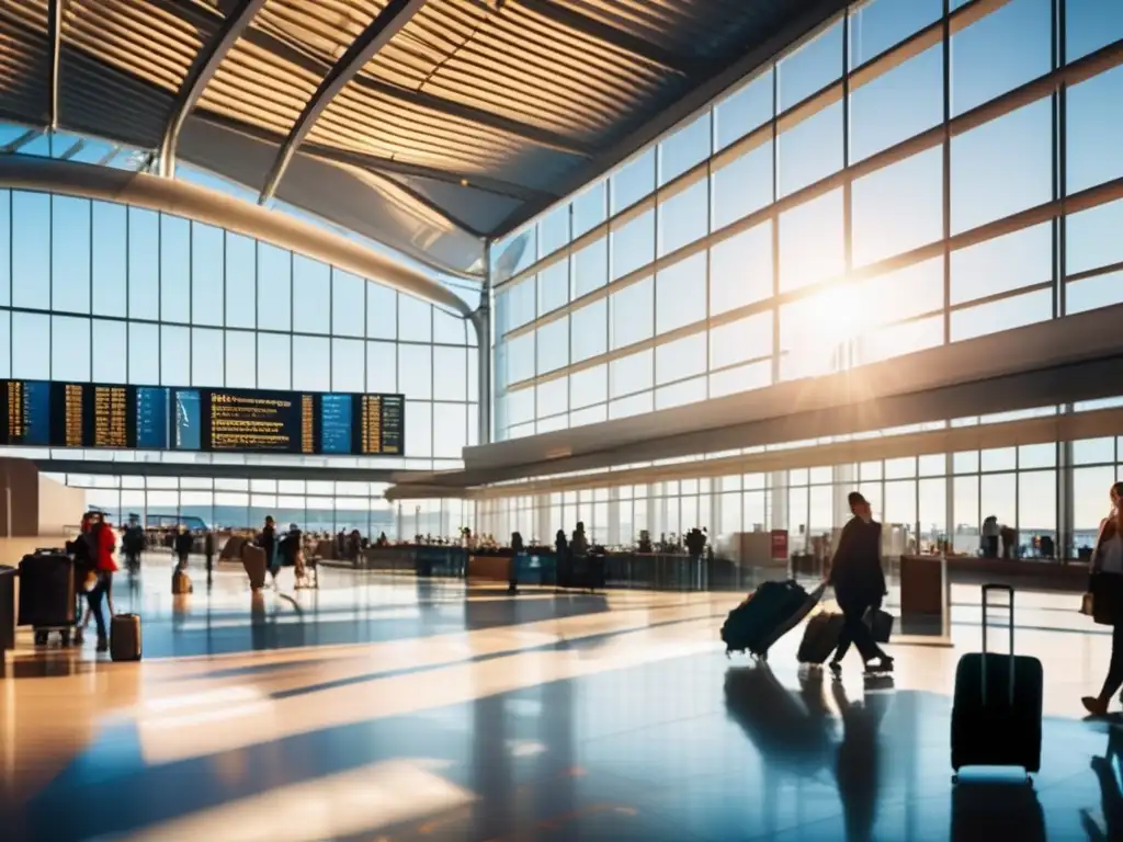 Aeropuerto internacional: emociones y conexiones- En el concurrido aeropuerto internacional, viajeros diversos atraviesan mostradores, controles de seguridad y bulliciosos pasillos