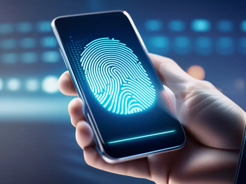 Acceso seguro: Huella dactilar en smartphone de alta tecnología Un dedo escaneado en un smartphone moderno con tecnología de seguridad digital para transacciones online