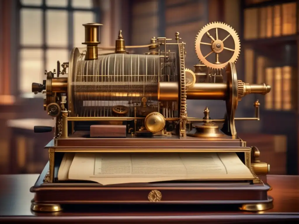 - Intrincado telégrafo: innovación y elegancia en la comunicación - - Un detallado dibujo de una máquina temprana de telegrafía, con intrincados engranajes y cables, enmarcada por documentos y mapas históricos