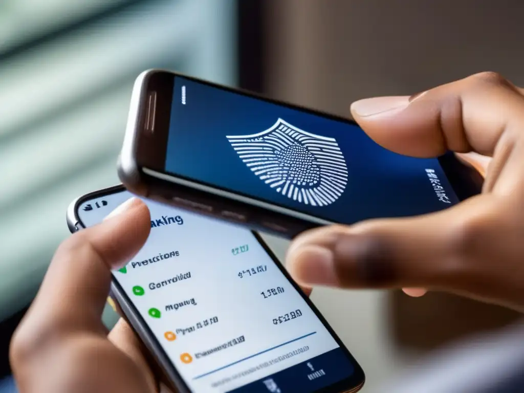_Mano segura realizando transacción bancaria en smartphone_ Un detalle impresionante de una mano sosteniendo un smartphone mientras realiza una transacción segura a través de una app de banca móvil