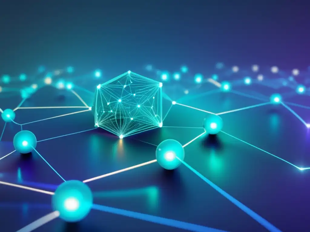 Red de blockchain futurista: nodos interconectados y datos brillantes Un enjambre de nodos de blockchain interconectados en una red segura, con flujos de datos brillantes entre ellos