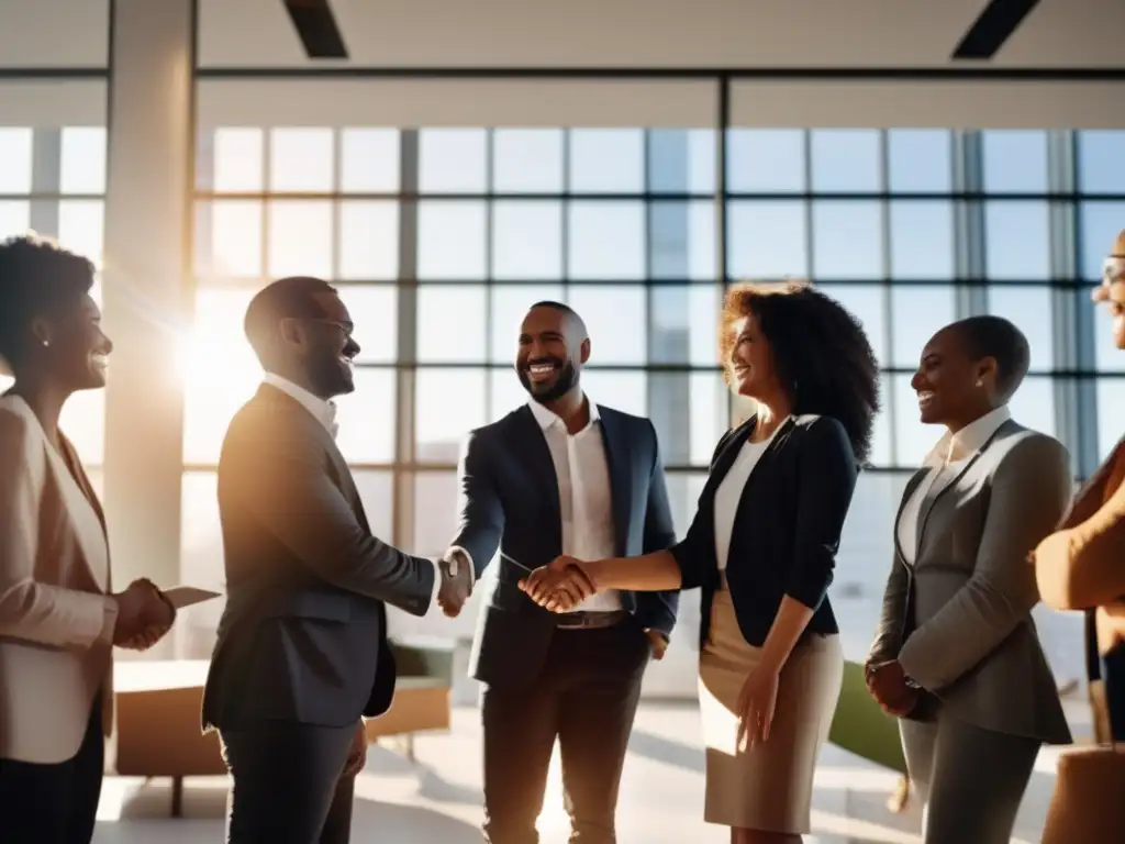 Equipo diverso celebra éxito en oficina moderna - Inclusivo y profesional Un equipo diverso sonríe y se estrecha la mano en una oficina moderna con luz natural, transmitiendo confianza, colaboración y éxito