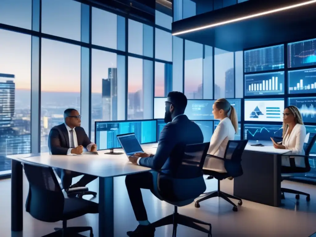 Protección financiera: Profesionales colaborando en oficina segura - Un equipo diverso de profesionales colabora en una oficina moderna, rodeados de medidas de seguridad y protección de datos