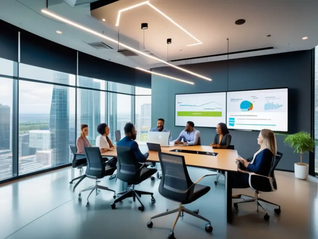 Equipo de fintech innovador en oficina moderna Un equipo diverso de profesionales fintech colabora en una oficina moderna, con luz natural y pantallas digitales