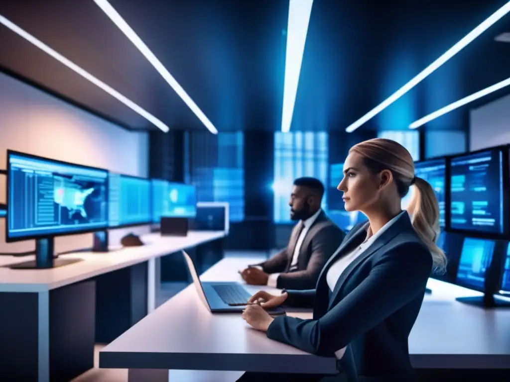 Ciberexpertos resolviendo urgente brecha de seguridad en oficina futurista Un equipo de expertos en ciberseguridad, rodeados de pantallas mostrando datos en tiempo real y alertas de seguridad