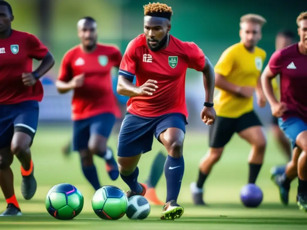 Entrenamiento de fútbol intenso: Coach y jugadores en acción Un equipo de fútbol se entrena con intensidad mientras el entrenador da instrucciones apasionadas