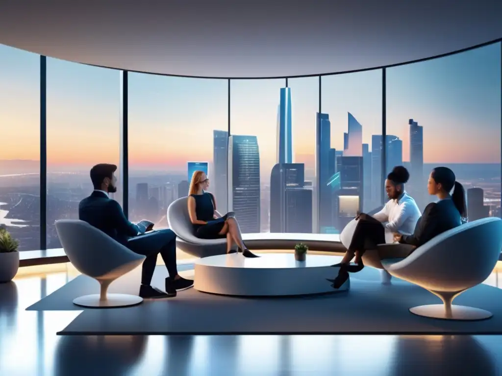 Innovación financiera en una oficina futurista - Líderes colaborando Un equipo colabora en una oficina fintech moderna y dinámica, con vistas a la ciudad