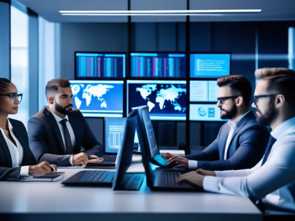 Ciberexpertos analizan datos de seguridad en oficina moderna- Un equipo de profesionales de ciberseguridad en una oficina moderna analiza datos en pantallas mientras discuten un protocolo de respuesta ante brechas de seguridad financiera