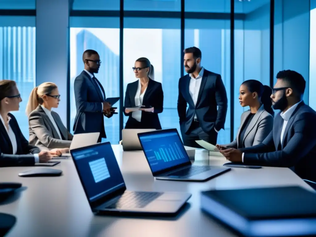 Equipo de respuesta a brechas de seguridad financiera en acción Un equipo de respuesta ante brechas de seguridad financiera se reúne en una oficina moderna, rodeado de tecnología de vanguardia