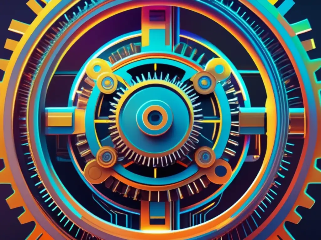 Futuro de alianzas estratégicas en el mercado de transferencias Un fascinante arte digital abstracto que representa engranajes y circuitos interconectados, con acentos neón vibrantes y una estética futurista