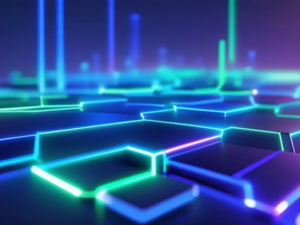 - Red de nodos blockchain: tecnología futurista y segura - - Una representación 3D futurista de nodos blockchain interconectados, pulsando con datos y luces de neón