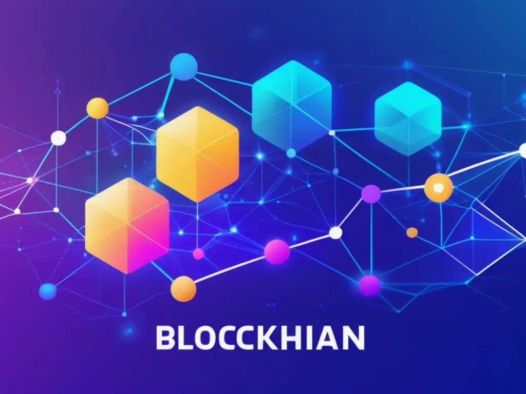 -Ilustración vibrante de nodos blockchain interconectados - - Una ilustración futurista de nodos de blockchain interconectados, con líneas dinámicas y una paleta de colores moderna y vibrante