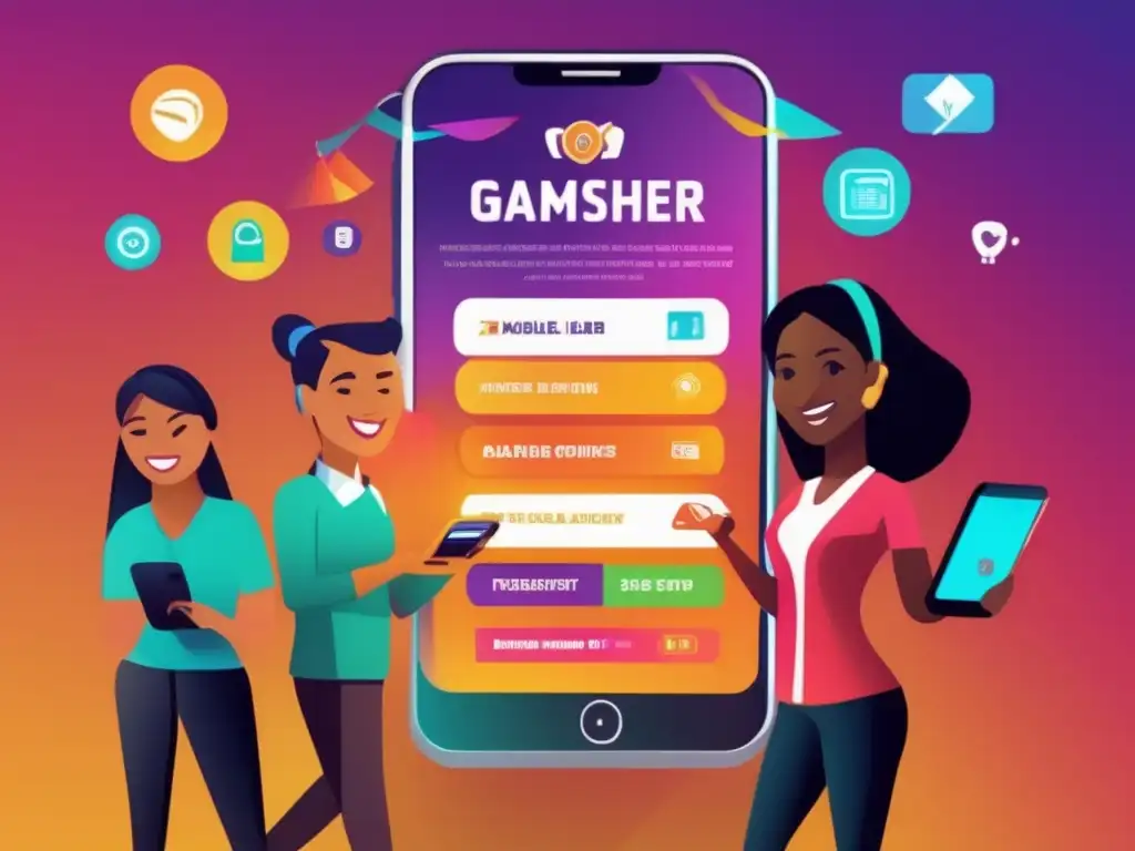 Experiencia gamificada: Clientes entusiastas disfrutan de una app moderna - Un grupo de clientes diversos disfruta entusiastamente de una app móvil, participando en actividades gamificadas