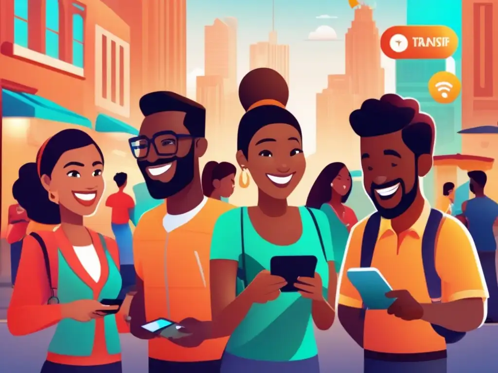 Gamificación de transferencia de dinero: clientes felices interactúan con app innovadora Un grupo diverso de clientes sonríe mientras interactúa con una app de transferencia de dinero