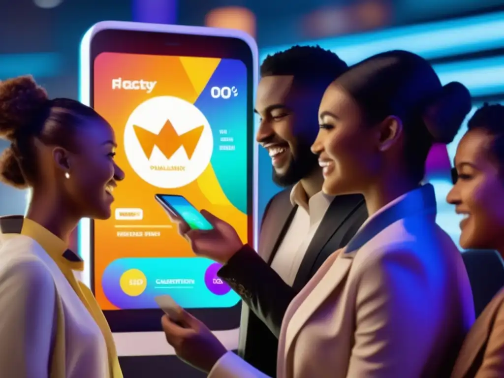 Conquista virtual: clientes participan con entusiasmo - 60 Un grupo diverso de clientes interactúa entusiastamente con una app móvil, mostrando emoción y determinación