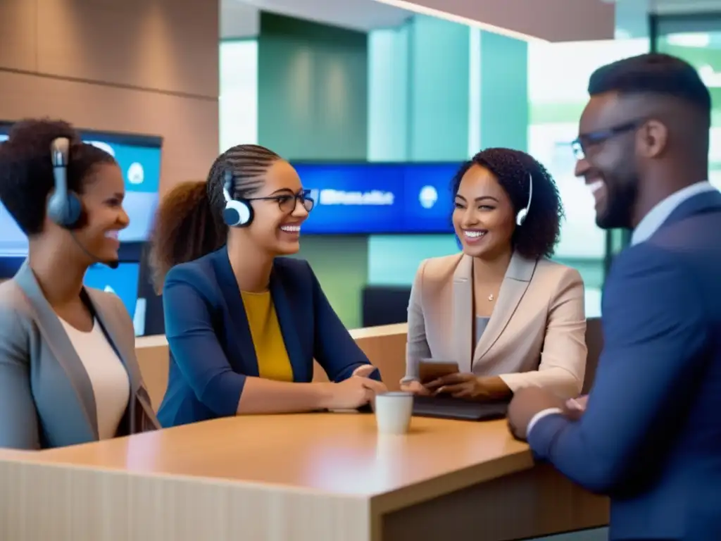 Experiencia bancaria personalizada y profesional Un grupo diverso de clientes sonríe y se relaciona con un representante de servicio al cliente en una sucursal bancaria moderna y bien iluminada