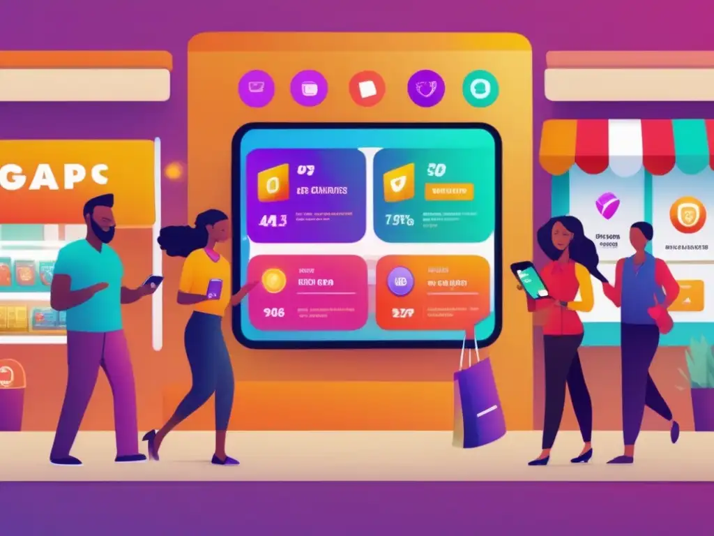 - Experiencia de cliente: Gamificación moderna y vibrante - - Un grupo diverso de clientes sonrientes disfruta de una app móvil con elementos vibrantes de gamificación