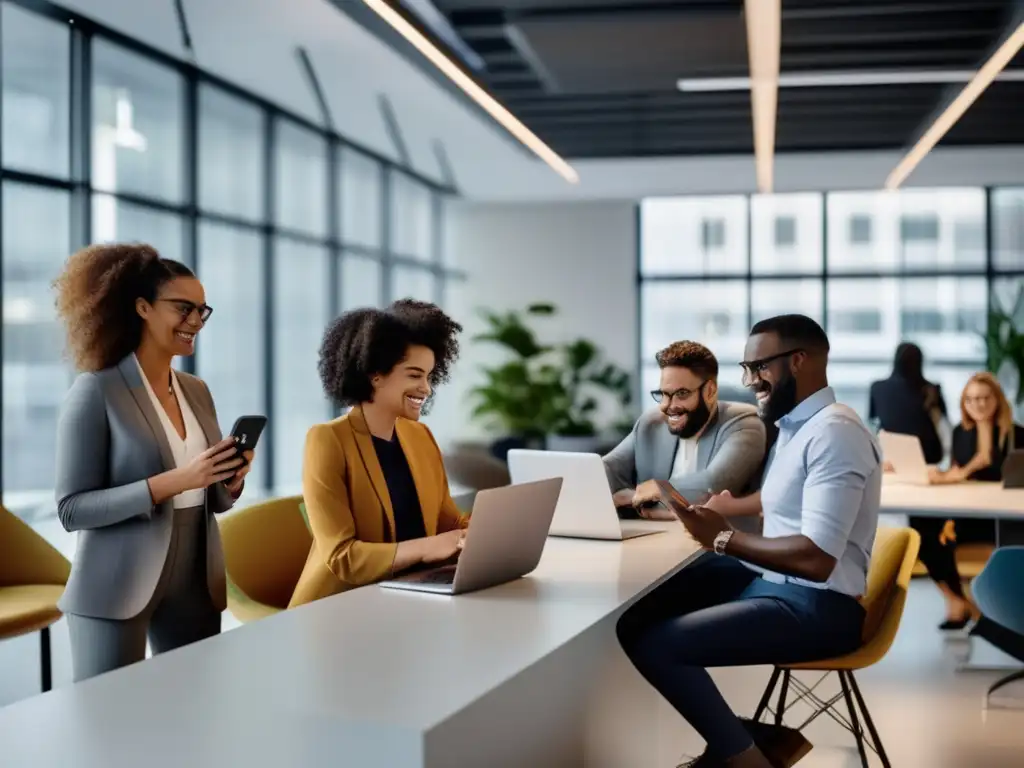 Experiencia fintech en oficina moderna: diversidad y satisfacción Un grupo diverso disfruta de una experiencia usuario fintech servicio cliente en una oficina moderna y dinámica