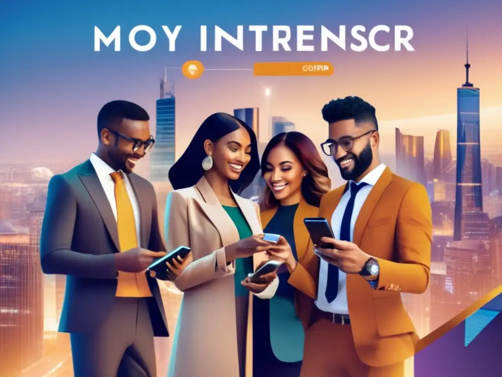 Conexión global: Influencers promocionan app de transferencia de dinero Un grupo diverso de influencers se muestra confiado y profesional, interactuando con una app de envío de dinero en una ciudad vibrante