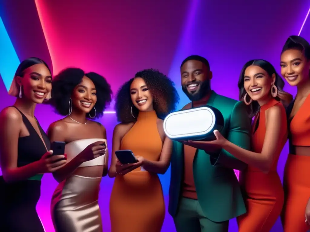 Apasionante encuentro de influencers con productos innovadores- Un grupo diverso de influencers emocionados promocionando productos frente a un fondo moderno y futurista