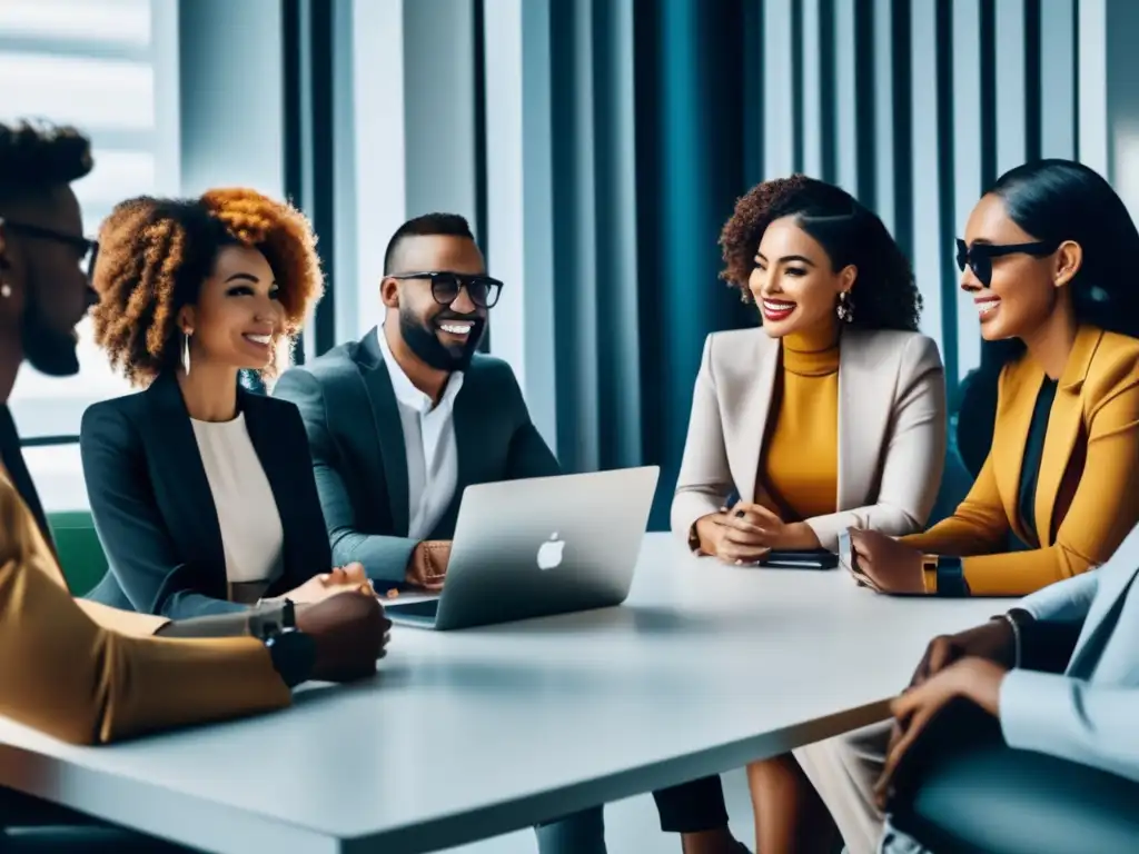 Estrategias de colaboración con influencers: reunión profesional y moderna Un grupo diverso de influyentes de diferentes industrias se reúnen en una oficina moderna para discutir estrategias de colaboración