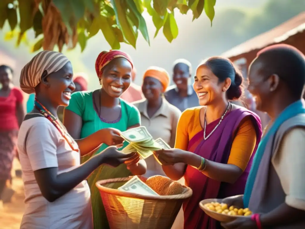 Intercambio comunitario en una aldea rural: colores vibrantes y sonrisas Un grupo diverso sonríe y realiza intercambios en un bullicioso mercado rural