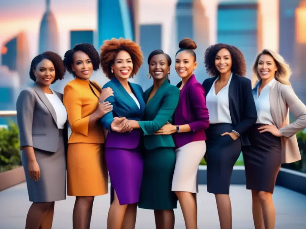 Mujeres unidas: diversidad y empoderamiento en la ciudad Un grupo diverso de mujeres se abrazan en la ciudad, transmitiendo confianza y unión