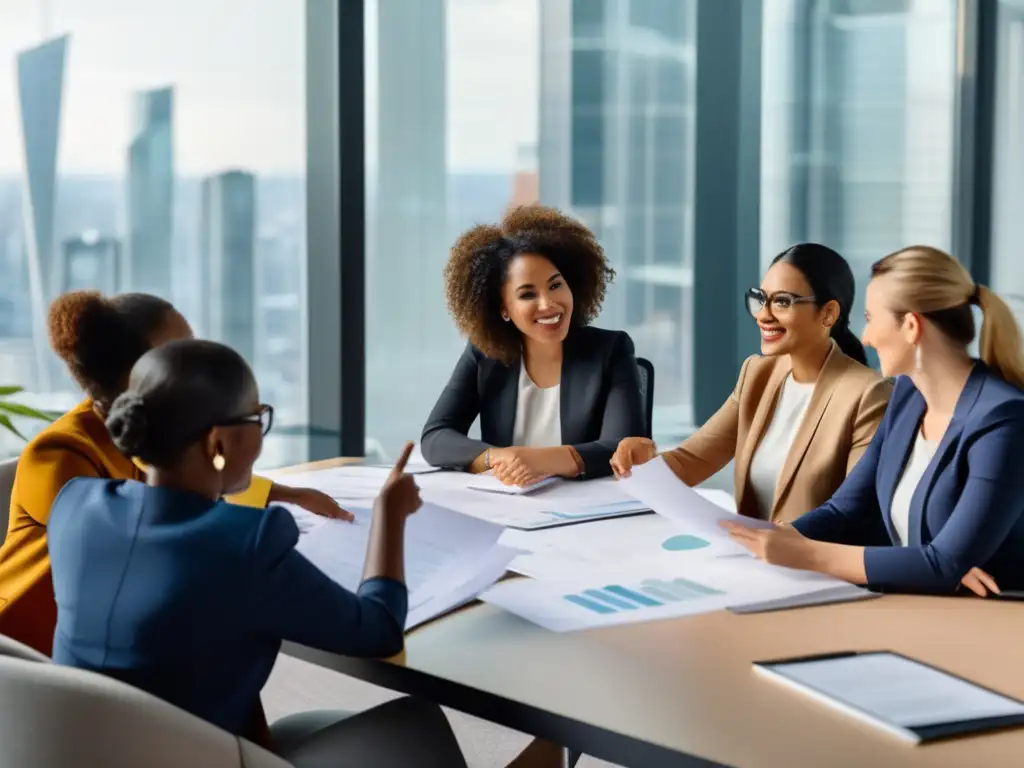 Empoderamiento femenino: Colaboración profesional en oficina moderna - Un grupo diverso de mujeres, de diferentes edades y etnias, colaborando en un proyecto en una oficina moderna y luminosa