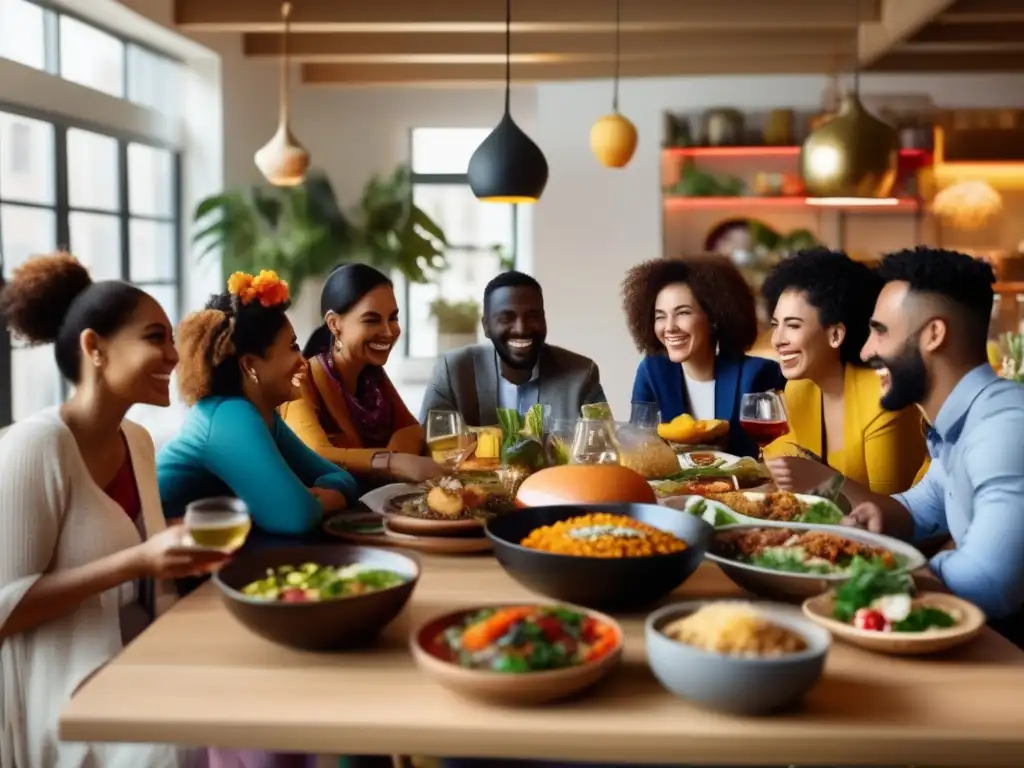 Alegre reunión multicultural: comida y conversación- Un grupo diverso de personas de diferentes culturas y orígenes se reúne alrededor de una mesa llena de comida, disfrutando de una animada conversación