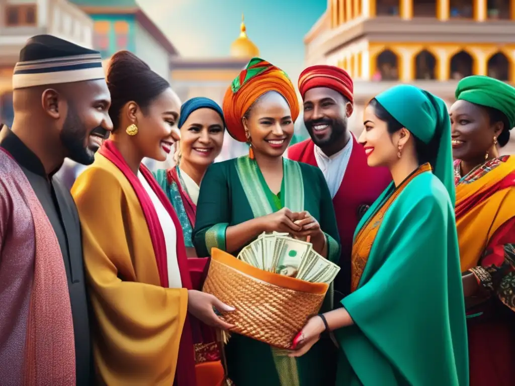 Un vibrante cruce cultural: remesas en la ciudad- Un grupo diverso de personas de diferentes culturas intercambia dinero y bienes en una animada plaza de la ciudad