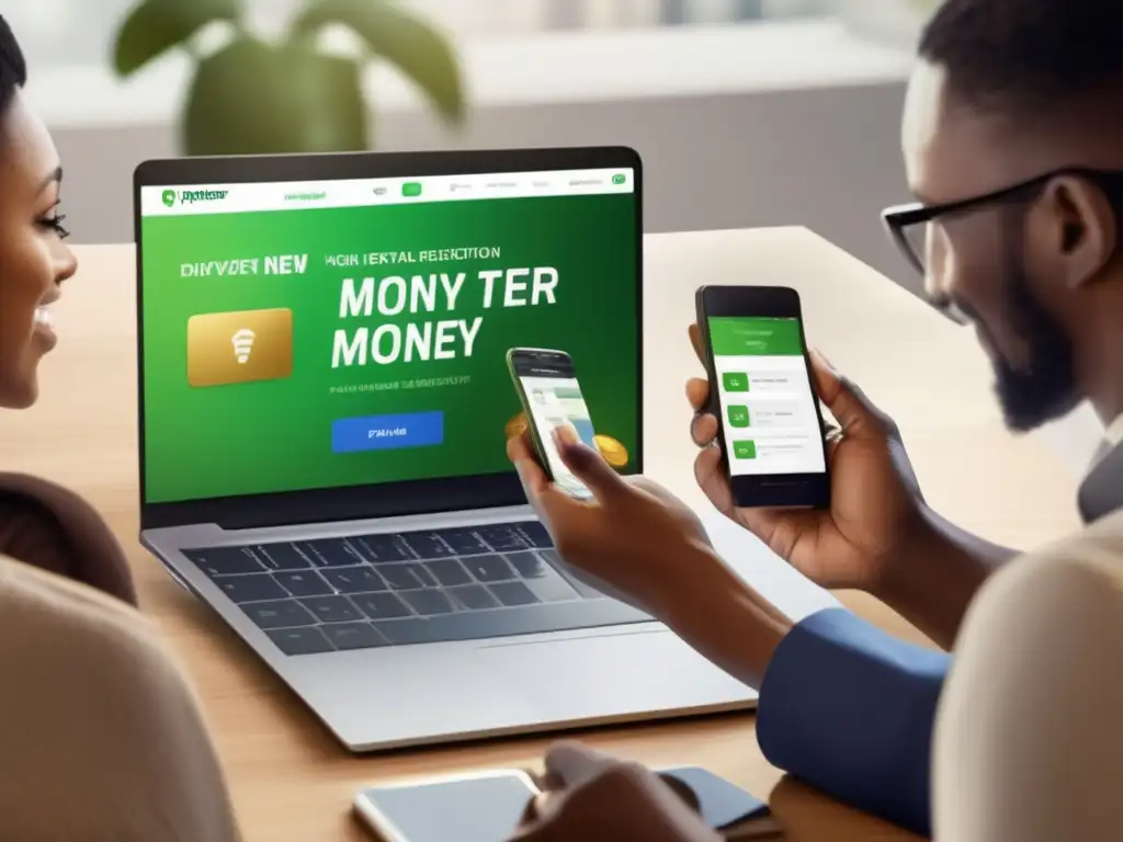 Transferencia de dinero digital: diversidad y eficiencia Un grupo diverso de personas utiliza dispositivos digitales para enviar y recibir dinero, con plataformas modernas en pantalla