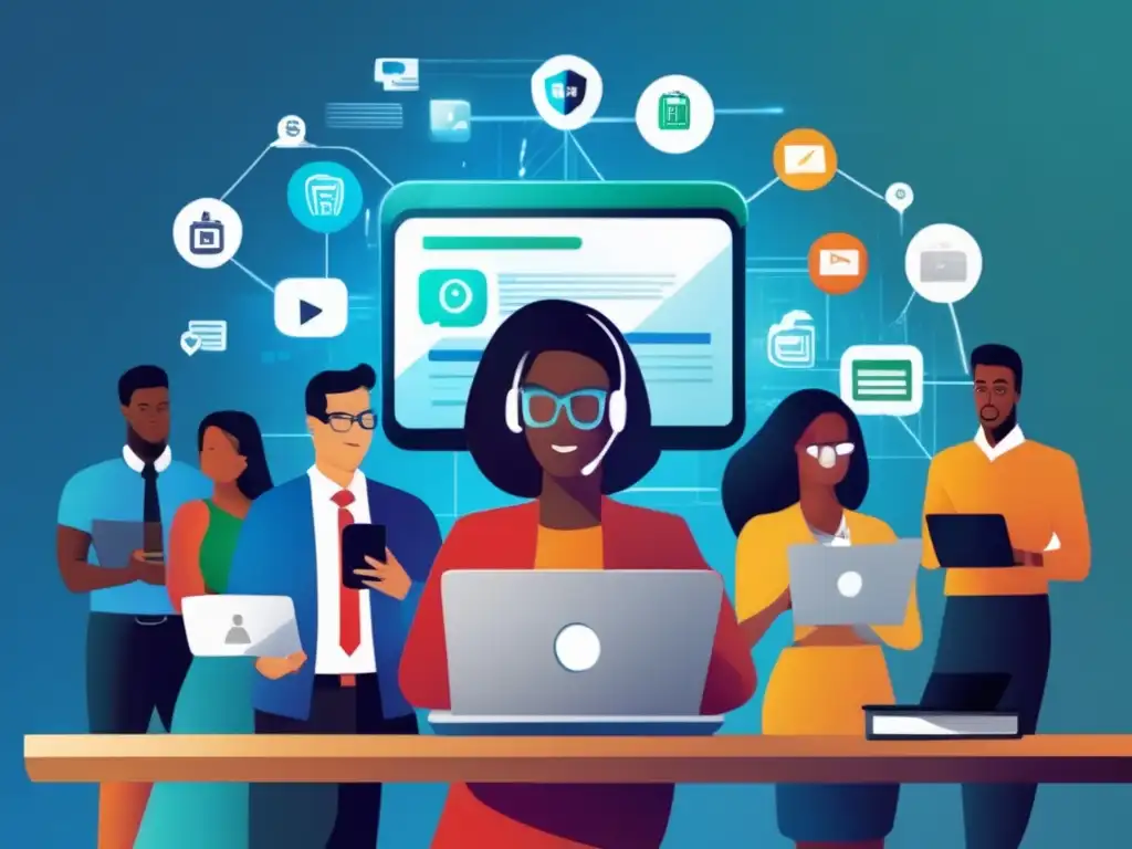 Protege tu mundo digital: diversidad y ciberseguridad en acción Un grupo diverso de personas usa dispositivos digitales en un entorno contemporáneo, destacando la importancia de la conciencia de seguridad en las transferencias