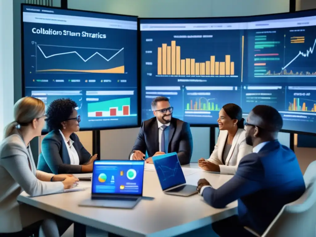 Estratégica reunión con diversidad de ideas y datos financieros Un grupo diverso de personas colabora y comparte ideas en una discusión estratégica, rodeados de datos financieros
