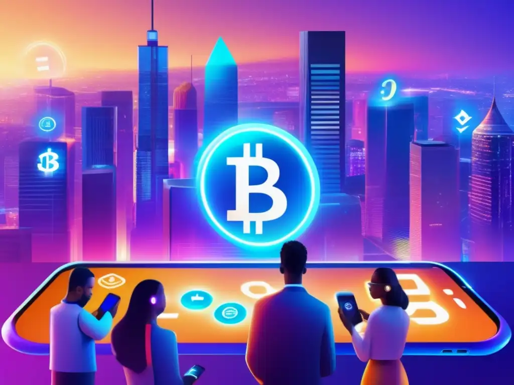 Impresionante escena de inclusión financiera: personas diversas realizando transacciones en blockchain en una ciudad futurista - Un grupo diverso de personas usa smartphones para transacciones financieras con blockchain