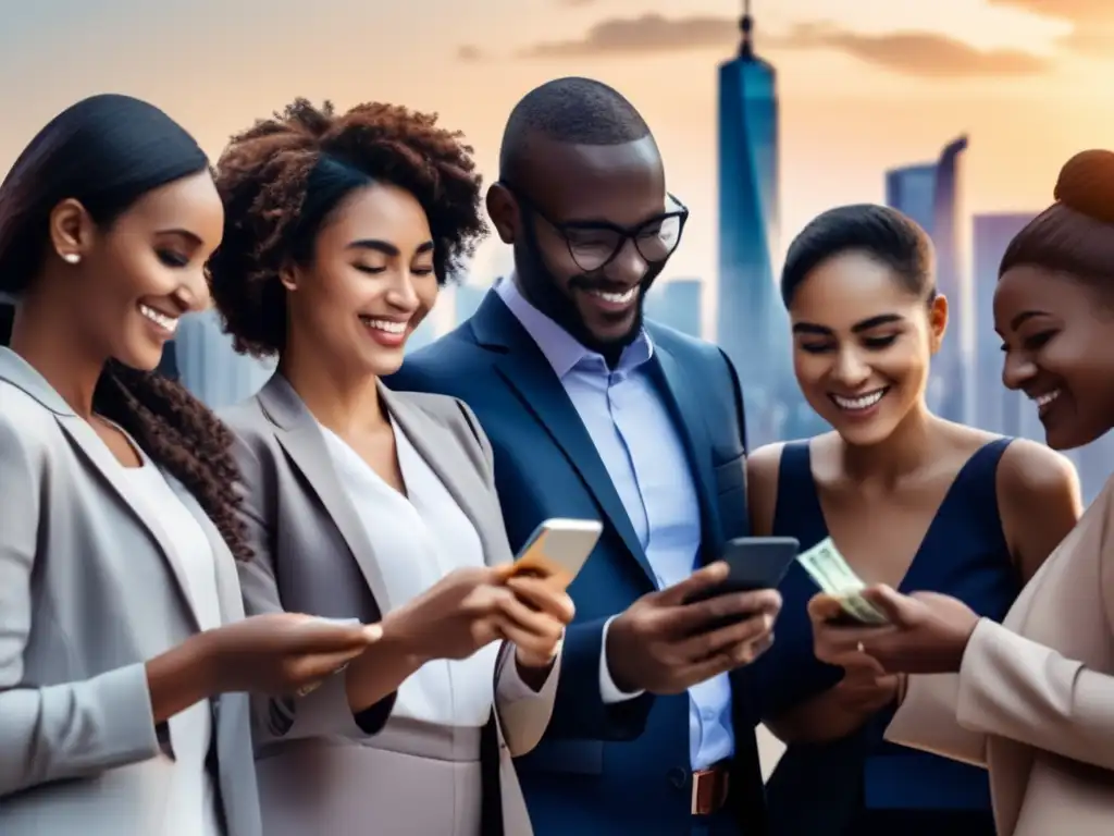 Conexiones globales: Intercambio de dinero con WorldRemit Un grupo diverso de personas sonrientes de diferentes partes del mundo intercambian dinero a través de sus teléfonos inteligentes, con un horizonte de ciudad de fondo, simbolizando transferencias internacionales de dinero y conectividad global