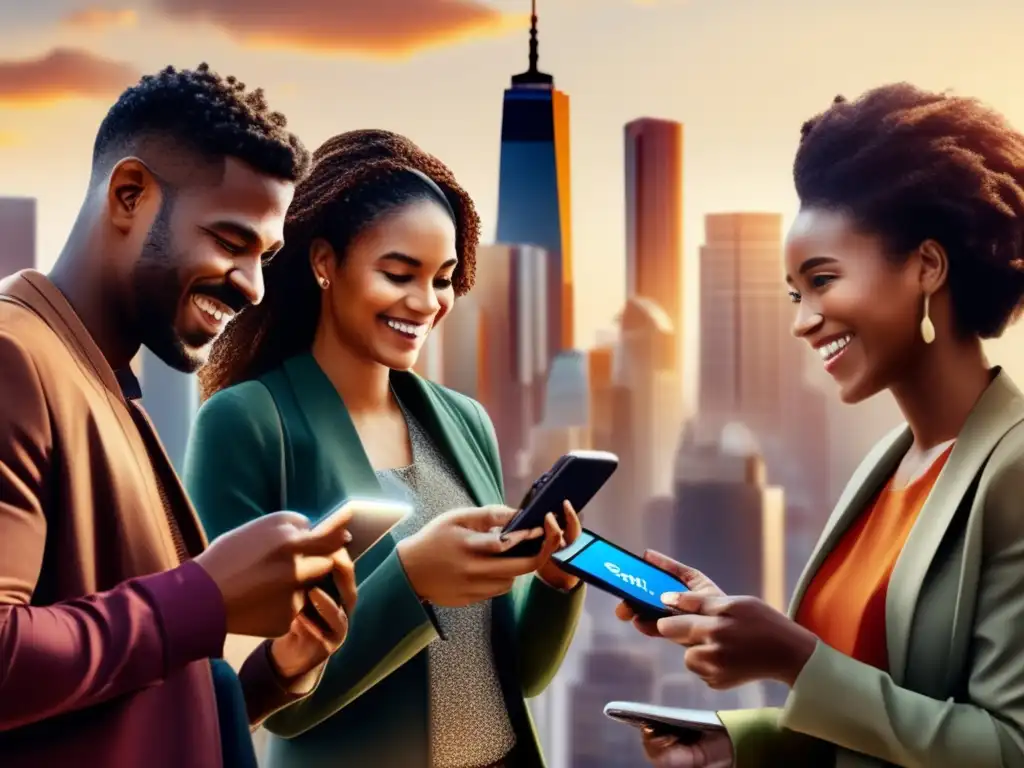 Conexiones financieras urbanas: diversidad en transacciones digitales - Un grupo diverso de personas usa sus teléfonos móviles para realizar transacciones financieras en una ciudad bulliciosa