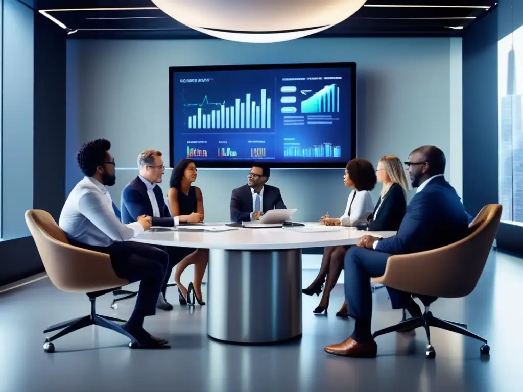 Innovadora reunión de profesionales financieros en oficina moderna Un grupo diverso de profesionales financieros colabora en modelos de ingresos innovadores en una oficina moderna y luminosa