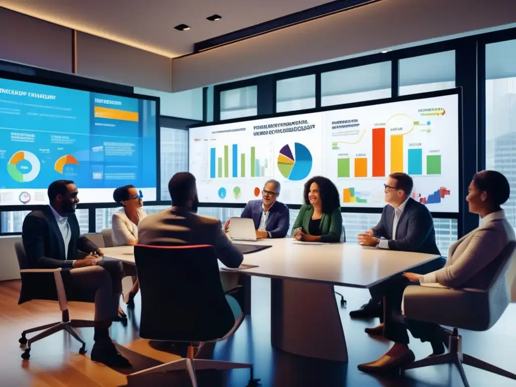 Empoderamiento financiero: Diversidad en workshop - Un grupo diverso colabora en un taller de planificación financiera, con gráficos vibrantes en pantalla