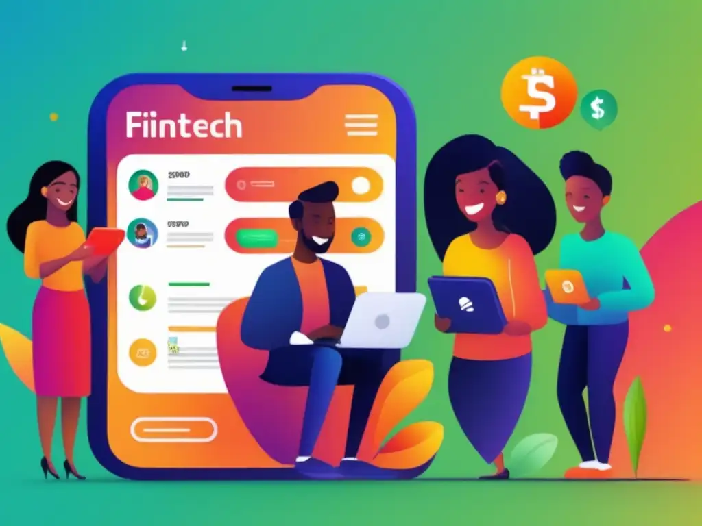 Acceso inclusivo: Diversidad disfruta app fintech- Un grupo diverso de usuarios disfruta de la experiencia usuario fintech servicio cliente en una app moderna y vibrante en varios dispositivos