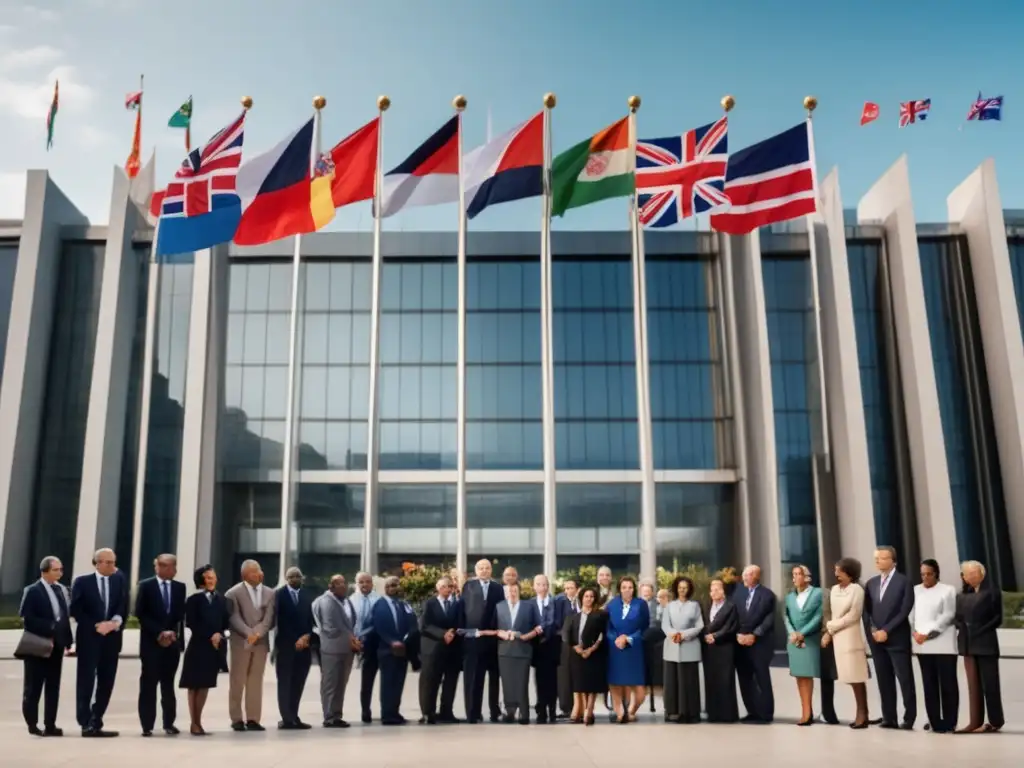 Autoridades internacionales discuten frente a edificio emblemático- Un grupo de funcionarios internacionales discuten normativas internacionales antilavado de dinero frente a un imponente edificio moderno con banderas de diferentes países ondeando al fondo