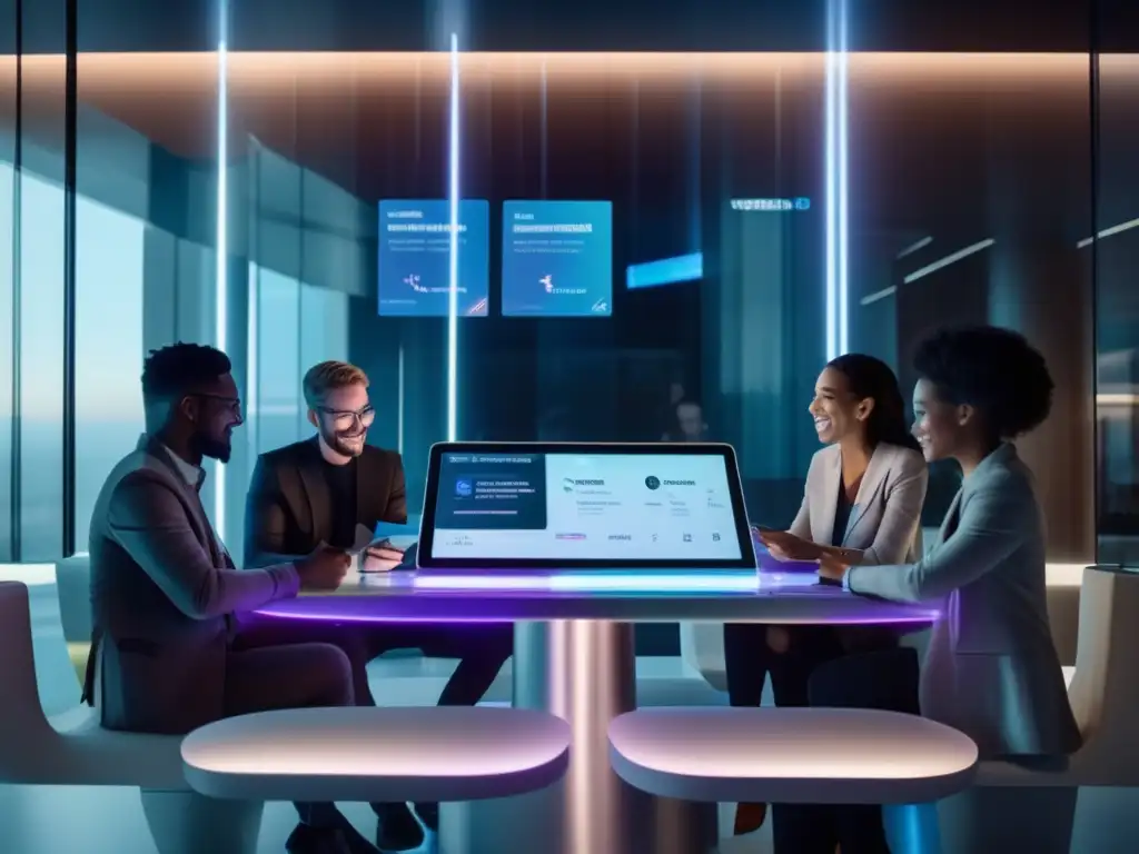 Futuro de pagos: transacciones transparentes y mensajería innovadora Un grupo futurista realiza pagos y chatea en una mesa con tablets transparentes, rodeada de pantallas holográficas