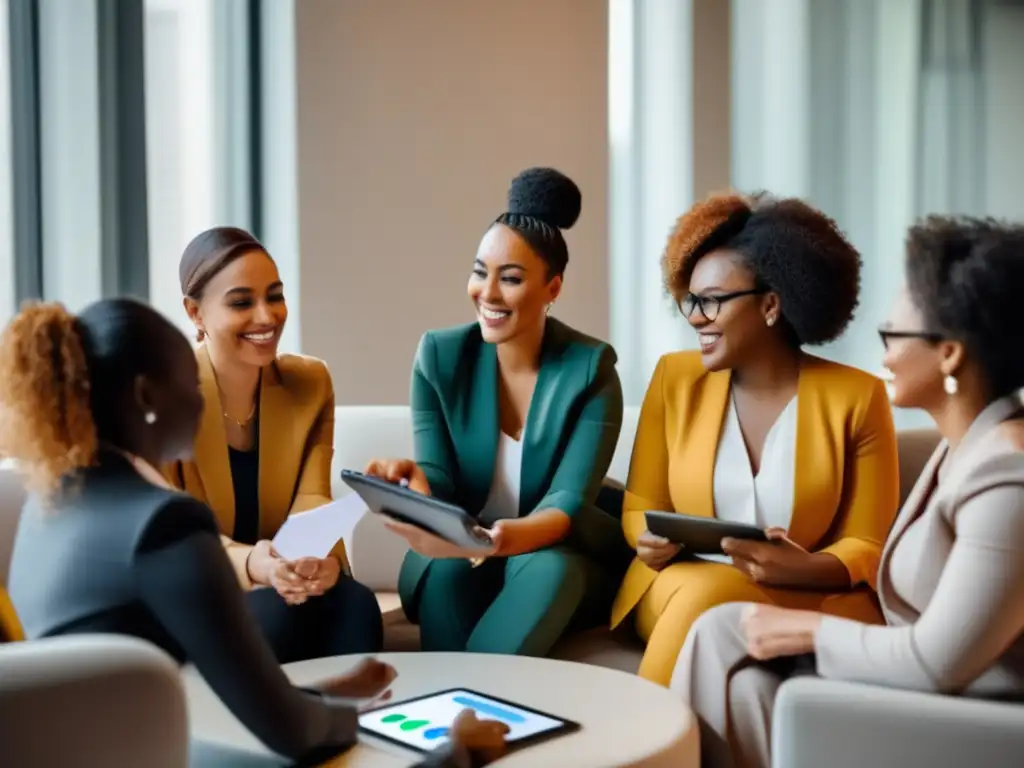 Mujeres empoderadas discutiendo finanzas con tecnología - 60 Un grupo de mujeres diversas y empoderadas discuten sobre transferencias de dinero como empoderamiento femenino en una oficina moderna