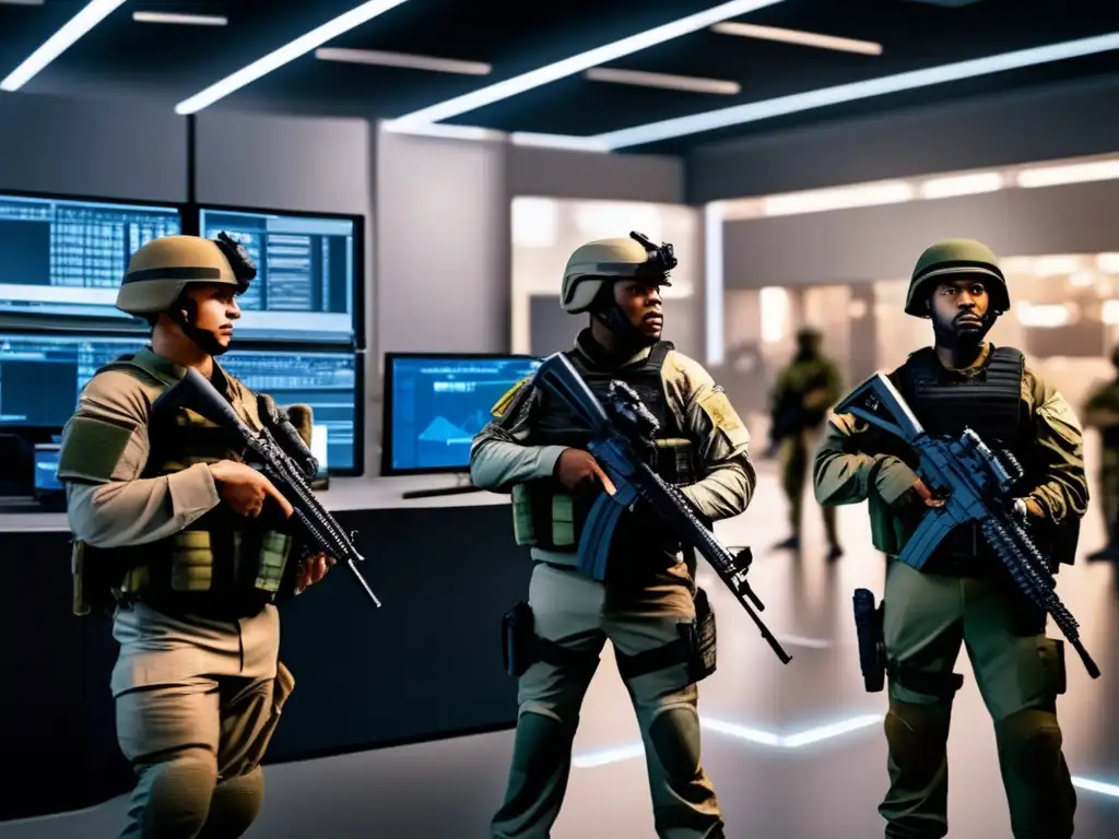 Protección militar de transacciones financieras: seguridad impenetrable Un grupo de soldados armados protege un centro de transacciones financieras con tecnología de seguridad de grado militar