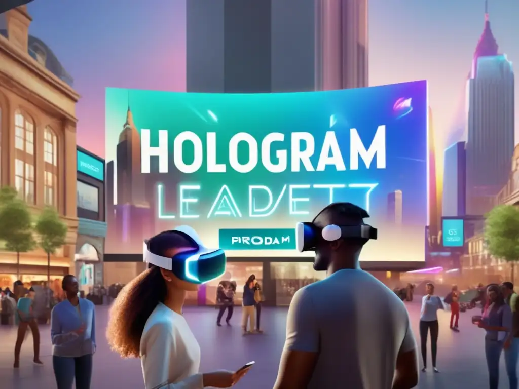 Experiencia de lealtad virtual en plaza urbana futurista Un grupo variado de clientes entusiastas usa auriculares de realidad virtual y participa en un programa de fidelización gamificado