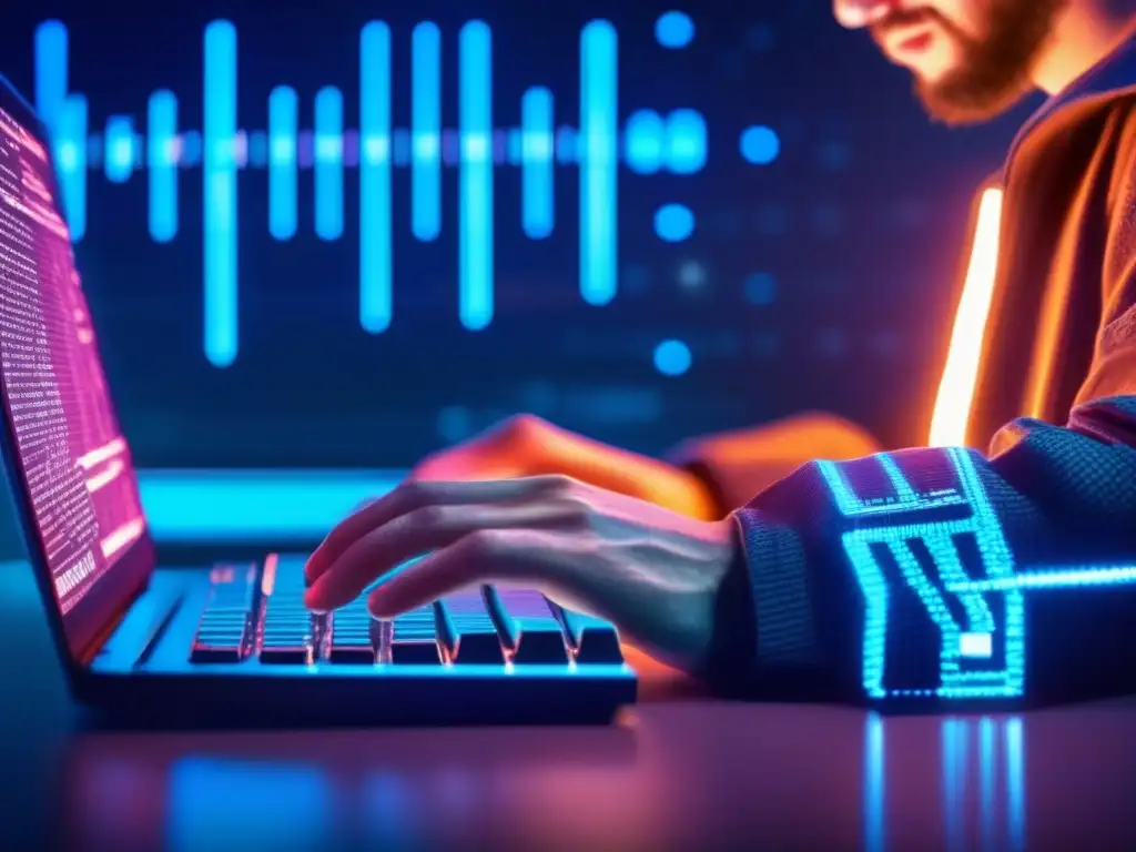 Hackeo intenso: manos ágiles en acción - Ciberseguridad y criptomonedas Las hábiles manos de un hacker teclean frenéticamente en la penumbra, con líneas de código proyectadas en su rostro