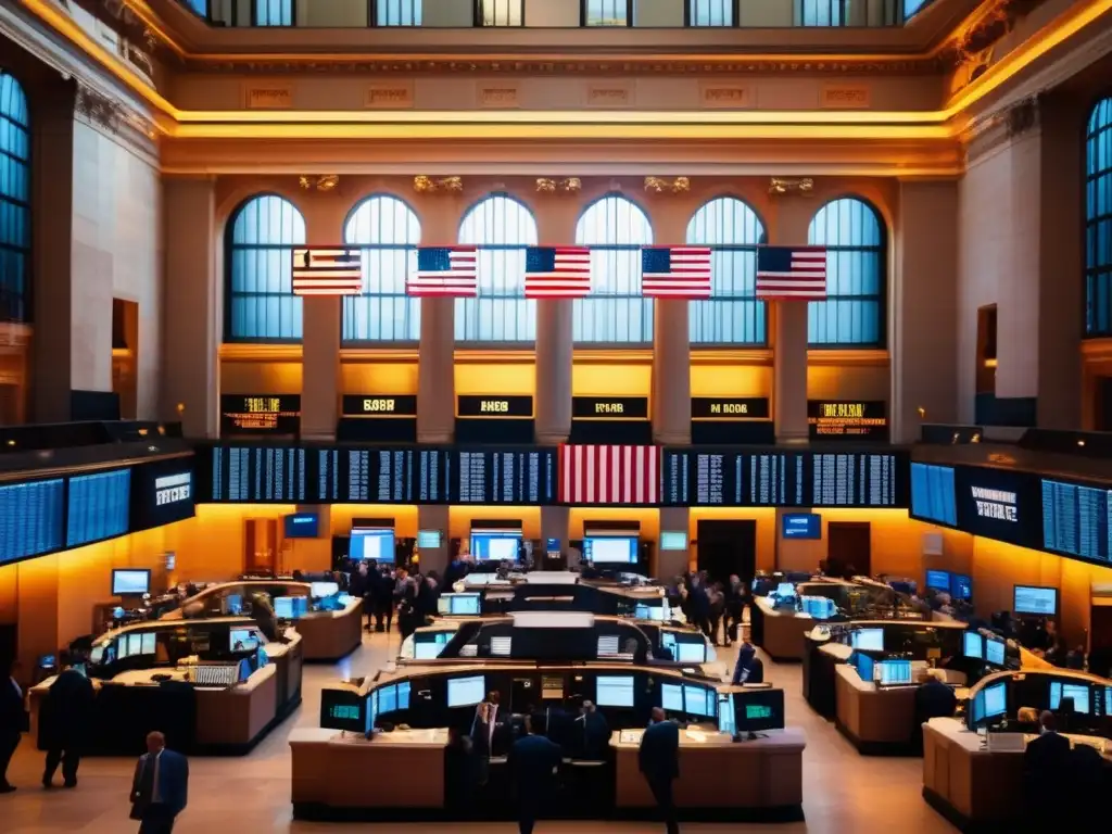 Intenso bullicio en una histórica bolsa de valores: traders en acción En una histórica bolsa de valores, traders en trajes gestionan transacciones entre el caos y la concentración