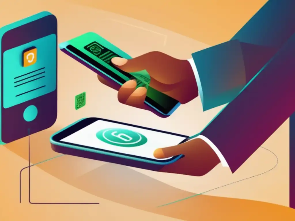 Transferencia segura de dinero digital con biometría y encriptación Un hombre utiliza una aplicación móvil para enviar dinero de forma segura, destacando la biometría y el cifrado