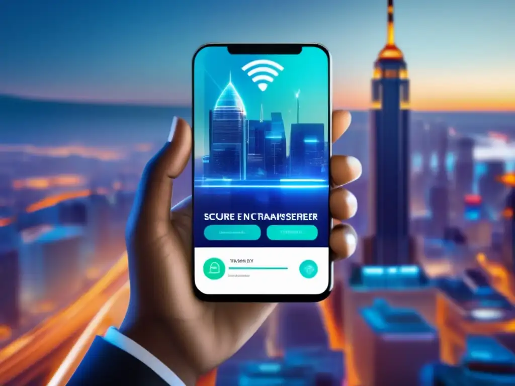 Transferencia segura de dinero en smartphone futurista Un hombre usa un servicio seguro de envío de dinero en su smartphone, con una ciudad futurista de fondo